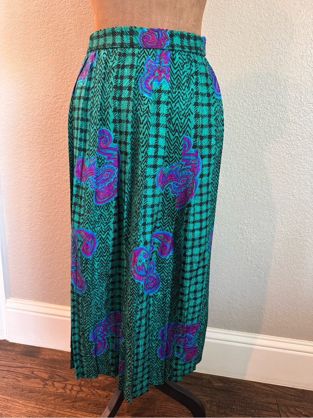 Vintage 100% Silk Midi Skirt Green Teal Paisley Geometric Abstract Print Size 10